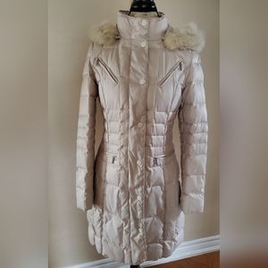 Laundry By Shelli Segal Light Beige Puffer Jacket with Faux Fur Hood